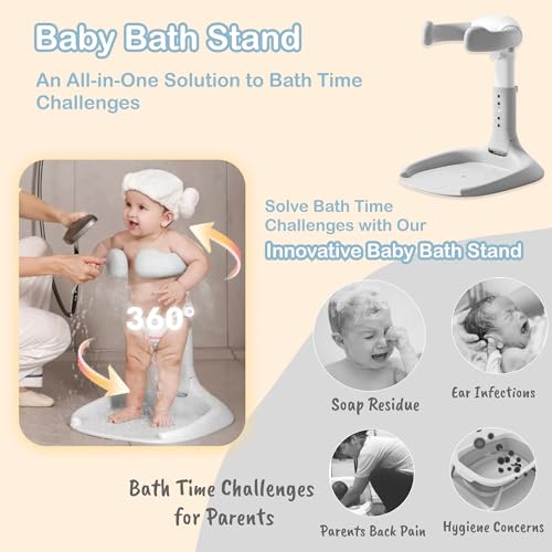 Image of Baby Shower Stand with Adjustable Support - Eases Parent Strain, Prevents Water in Ears, Ensures Thorough Cleaning and Promotes Standing Confidence for Babies 8+ Months (Foldable)