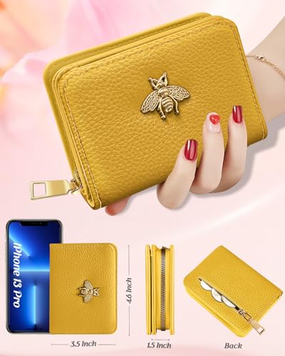 Image of Bistup Leather 12 Slot Accordion Card Holder Wallet, Yellow Bee | Accordion Storage, Zipper Around Closure, Compact Patterned Wallet for IDs, Cards, Cash, Daily Carry and Gifts