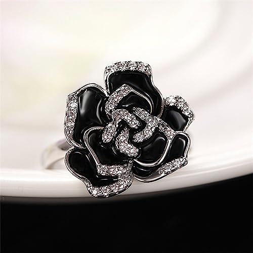 Black Enamel Rose Flower Cubic Zirconia Statement Rings for Women Girls Dainty Crystal Camellia Flowers Engagement Wedding Finger Ring Xmas Jewelry Girlfriend BFF 5