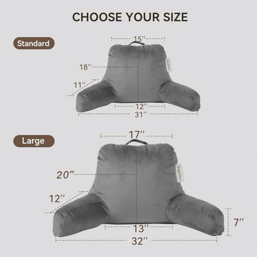 Yagamo Large Reading Pillow for Bed Sitting Up, Adults and Teens Backrest with Arms, Velvet Back Support Pillow for Sitting on Bed, Sofa, and Couch, Dorm Essentials- Large, Grey