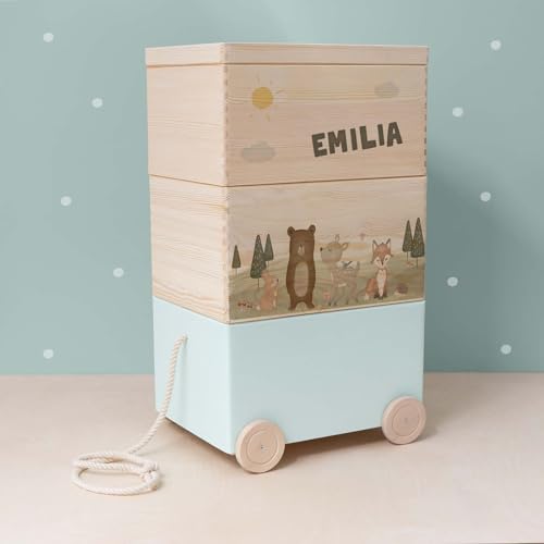 hellomini Personalisierte Spielzeugkiste aus Holz zur Aufbewahrung - Stapelkiste Holz - Spielzeugkiste Kinderzimmer - Personalisiertes Geschenk für Kinder (Waldtiere 3er)