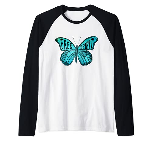 Free Spirit Butterfly Blue Motivational Raglan Baseball Tee, Black