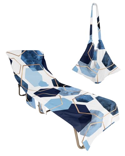Blue Gold Beach Chair Towel Covers for Chaise Lounge with Side Pocket, Soft Plush Pool Towels Cover for Patio Sunbathing Outdoor 29''x85'' Gradual Modern Abstract Geometric White