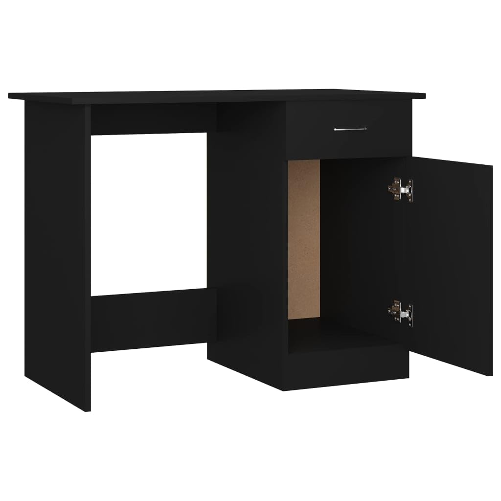 Scrivania moderna nera 100 x 50 x 76 cm, materiale in legno, con cassetto e porta, scrivania compatta per computer per casa, ufficio, giochi, cameretta dei bambini