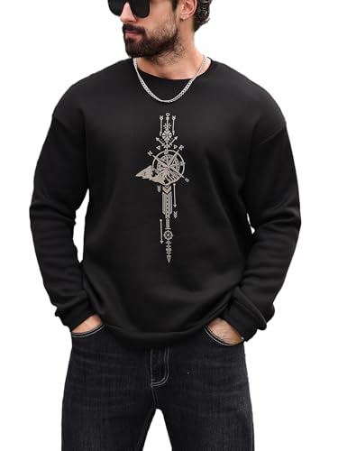 SOLY HUX Sweatshirts for Men Graphic Print Crew Neck Long Sleeve Casual Pullover Tops Black Graphic Large