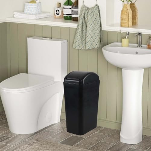 Image of 3.5 Gallon Plastic Trash Can with Swing Lid, Slim Bathroom Swing Top Garbage Bin Wastebasket, Black