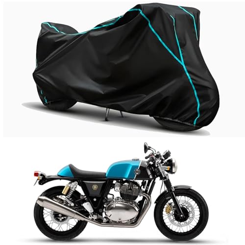 Image of Waterproof Bike Body Cover Compatible for | Royal Enfie Continental GT 650 | Taffeta Fabric, Sky Piping Design, Bottom Elastic Fit | Dustproof, Sun UV & Rain Protection for All Weather.