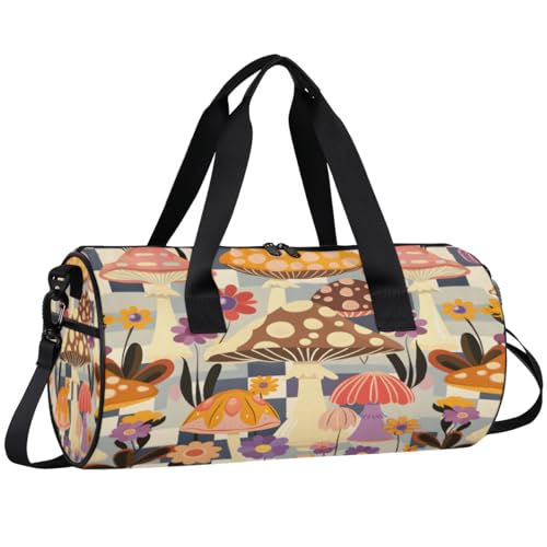 Mushroom Flowers Round Barrel Sports Fitness Bag, Travel Luggage Bag, Reusable Handbag, Suitable For Men and Women