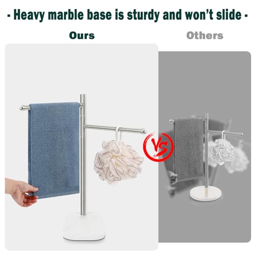 Foto de Toallero de mano, soporte para toallas de mano en forma de F con base de mármol, toallero giratorio de acero inoxidable para toalla de mano para baño, encimera de cocina, 2 brazos (níquel (imagen 7)