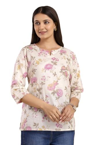 Image of Women's Floral Print Tunic Top, 3 /4 Sleeve, V-Neck, Casual Wear