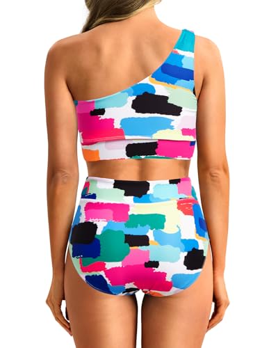 Image of Holipick Women One Shoulder High Waisted Bikini Sets Two Piece Swimsuit Tummy Control Bathing Suit Full Coverage Swimwear