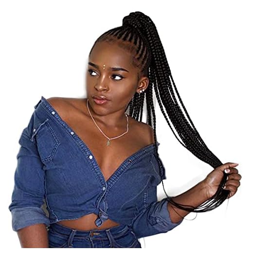 VAVANGA Box Braided Drawstring Ponytail - 26 Inch Long 3X Box Braids Ponytail Hairpiece Clip-in Braiding Drawstring Ponytail Crochet Braided Hair Extensions for Black Women (#1, 26”)
