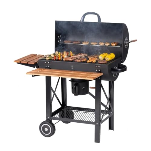 Tarrington House Barbecue au Charbon de Bois Louisiana, Acier/Bois, 2 Tablettes Latérales Pliantes, 2 Roues, Couvercle, Étagère Inférieure, Noir