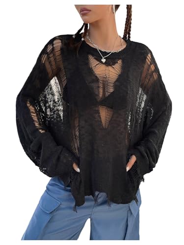 Verdusa Women's Hollow Out Crochet Sweaters Top Long Sleeve Ripped Knit Top Gothic Clothes Concert Outfits Fall Clothes