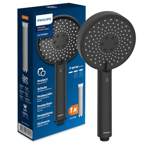 Philips Water ASH1516 Filtration Showerhead Protection for Hair & Skin Effectively removes Chlorine and Other Large Particles Three Spray Modes 1 Month Filter Capacity Black