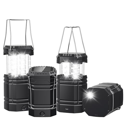 4 Pack Solar Camping Lantern with 1600mAh Rechargeable Battery, 30-Hour Runtime, 360° LED Tent Light & Super Bright Flashlight, Compact & Portable for Hiking, Emergency, Outdoor