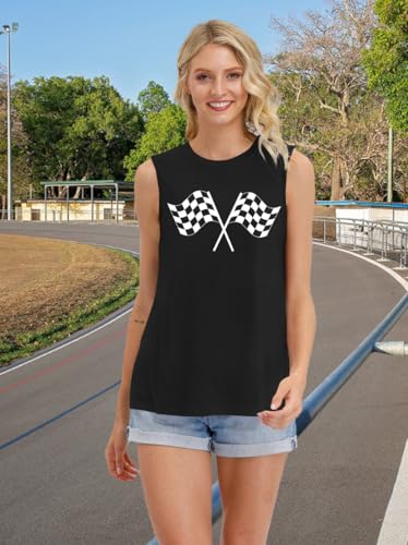 Racing Tank Tops for Women: Checkered Flag Graphic Car Shirt Race Lover Sleeveless Shirts Summer Race Day Vest4