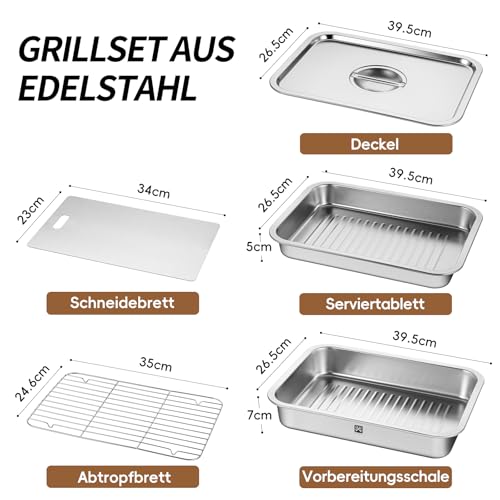 Grill Servierplatte mit Deckel und Vorbereitungs, 5 teiliges Grillschale Edelstahl Set,Vorbereitungsschale Marinierplatte Edelstahl Schneidebrett Abtropfgestell für BBQ Camping, Backen, Kochen