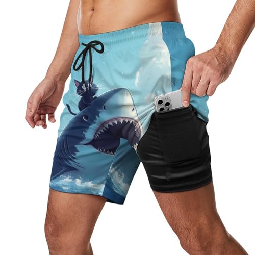 Funny Cat and Shark Mens Swim Trunks Quick Dry Beach Board Shorts with Pockets2