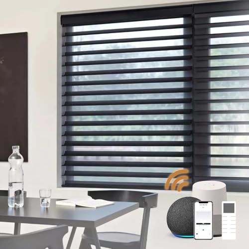 JOYENG Motorized Window Blind Shangri-la Sheer Shade Compatible with Alexa, Remote Control Wireless Battery Light Filtering Dual Layer Shade for Privacy Customized Size (Black—90% Blackout)