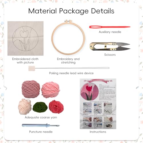 Image of PATPAT 20x20CM DIY Tufting Art Craft Kits Cute Pink Tulip Punch Needle Kit Embroidery Kit for Beginners DIY Hoop Embroidery Kit with Punch Needles, Hoop, Handmade Art Kits Gift for Kids Adults