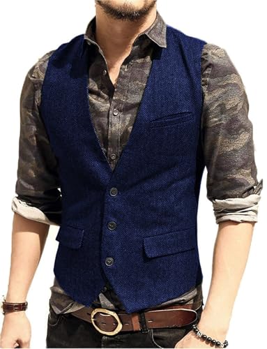 JFNKLFG Chaleco de traje for hombre, cuello en V, lana, espiga, Tweed, chaleco informal, novio negocios formal Para bodas, negocios y fiestas(Dark Blue,XXL)