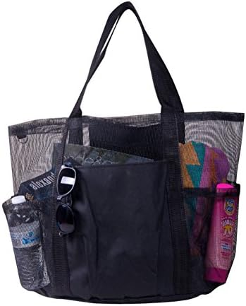 EZ Travel Mesh Beach Bag, Extra Large Toy Tote Bag, Reusable Lightweight Grocery Storage Net Bag, Waterproof Shower Caddy and Bath Organizer with 5 Large Storage Compartments