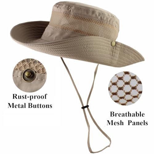 Image of STORE 2508 Wide Brim Sun Hat for Men and Women Outdoor Safari Hat with Adjustable Chin Strap Breathable Mesh Panels and Anti Sweat Band for Hiking Fishing Camping Beige