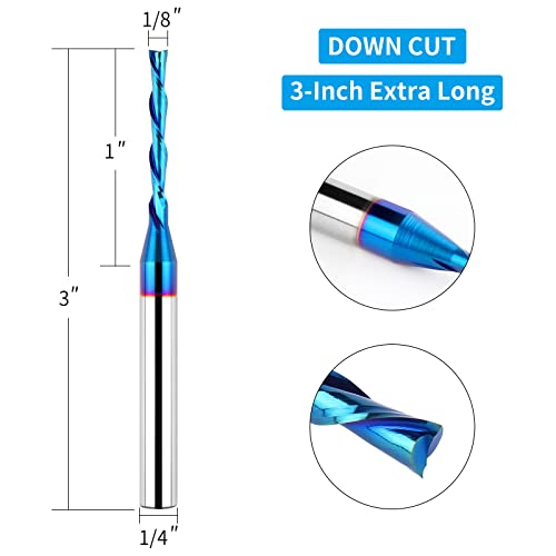 Eanosic Downcut Spiral Router Bit 1/4 Inch Shank, 1/8 Inch Cutting Diameter, Extra Long 3 Inch Solid Carbide With Nano Blue Coating Cnc Router Bits End Mill For Wood Cut, Carving #TOP2