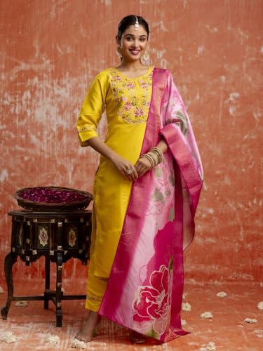 Image of VredeVogel Women's Silk Blend Embroidered Kurta Pant Set with Jacquard Dupatta | Modern & Traditional Blend Ethnic Wear Set