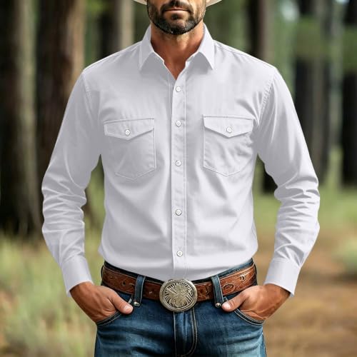 Men Western Shirt Solid Soft Long Sleeve Button Down Casual Work Shirts | Men western solid stretch shirt lapel long sleeve button big and tall shirts casual outdoor ranch travel wear - Image 4