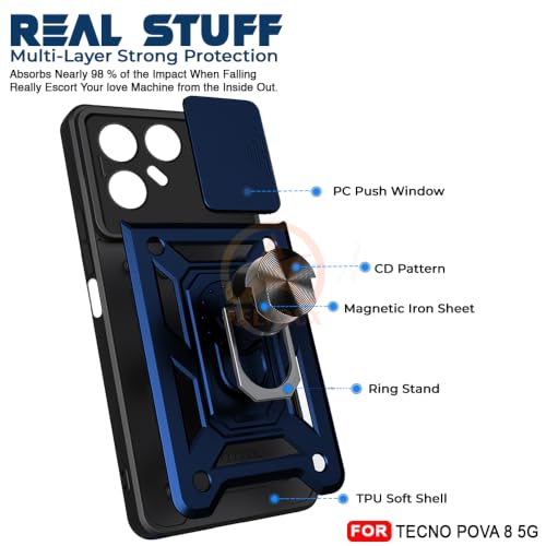 Image of Armor Bumper Back Cover Case for Tecno Pova 8 5G Rotating Camera Cover, Ring Holder & Kickstand | Heavy Duty & 360 Degree Protection Back Cover for Tecno Pova 8 5G (Blue)