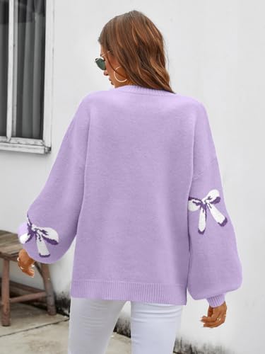 Image of Libsorge Womens Oversized Cute Bows Crewneck Cozy Pullover Sweater | Fall Winter Trendy Long Shoulder Balloon Sleeve Knit Baggy Printed Dressy Casual Valentines Day Vintage Sweaters