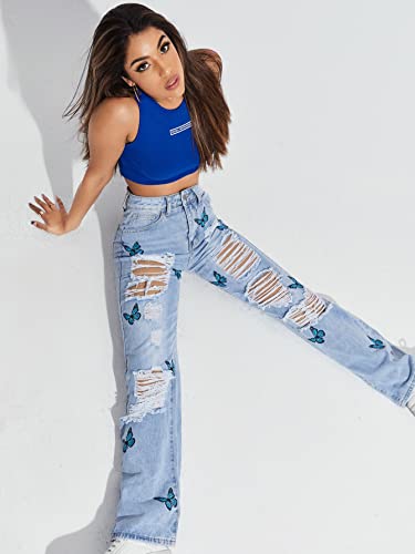 Floerns Women's Pattern Printed High Waist Wide Leg Straight Denim Jeans Pants Light Blue Butterfly L #TOP6