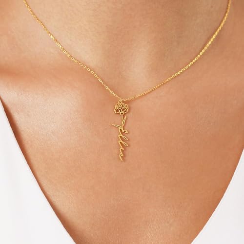 TRANGEL Custom Birth Flower Name Necklace Personalized 18K Gold Plated Birth Month Flower Necklace Dainty Floral Pendant Jewelry Mothers Birthday Gift for Women 9