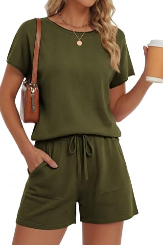 PRETTYGARDEN Two Piece Set For Women Summer Lounge Sets Shorts And Short Sleeve Tops Knitted Matching Travel Spring Outfits