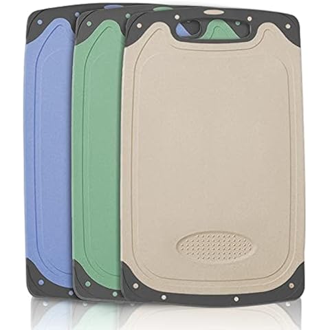Chopping Board Set, 3 Pcs BPA Free Kitchen Plastic Cutting Boards, Large Chopping Boards with Non-Slip Feet, Deep Drip Juice Groove & Garlic Grinding Groove for Cutting Different Types of Food Cover