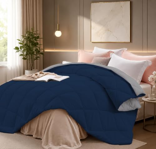 Image of Super Comfort Microfiber 300 GSM Reversible Winter Comforter for Single Bed Rajai /Blanket Diamond Stitch (60 inch x 90 inch Inches /152cm x 228cm) - Comforter Single Bed|Silver /Navy Blue