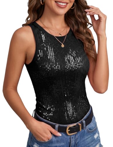 Women's Black Sparkly Tanks Tops Sleeveless Disco Club Top Shiny Slimming Fit Shirts Summer Sequin Concert Outfit,Black XL