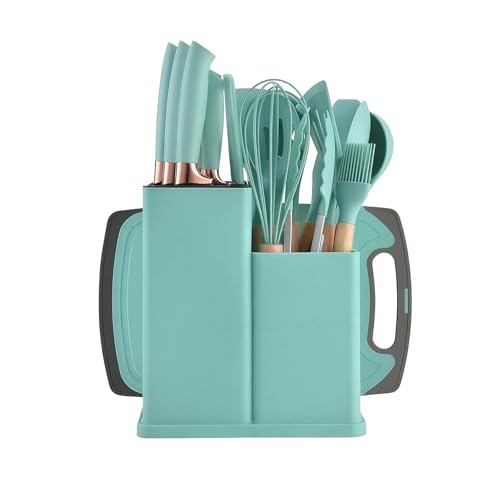 Juego de Cuchillos de Cocina 19 Piezas, Set Utensilios de Cocina de Silicona con 5 Cuchillos y 13 Utensilios de Cocina, Incluye Caja de Almacenamiento y Soporte, Ideal para Hogar y Fiestas(Verde Osc)
