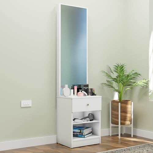 Image of VIKI | Engineered Wood Dressing Table with 1 Drawer, Mirror and Huge Storage Space | Vanity for Living Room, Bedroom (Frosty White - 43.8W x 40D x 182.6H cms)
