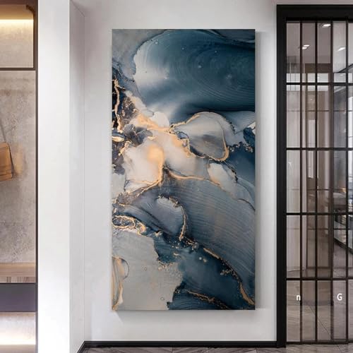 Triptyque peintures grande taille marbre bleu doré abstrait 60x120 - 2