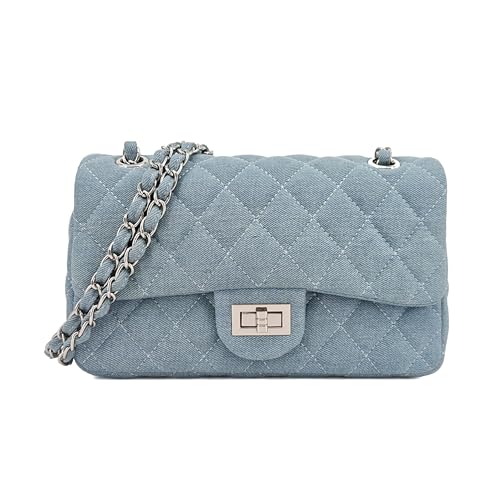 Image of M-ioi-M Quilted Denim Crossbody Bags for Women, Chain Strap Shoulder Bags, Medium Double Flap Purse, Gold Hardware Jean Purse