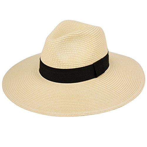 Summer Classic Straw Panama Fedora Sun Hat in Solid Color W/Black Grosgrain Band Trim (Natural)