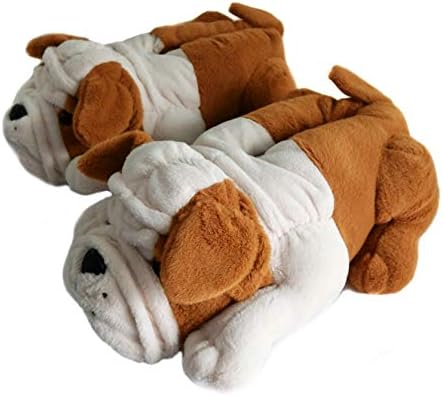 Fuzzy Winter Indoor Animal Dog Slippers for Big Kids Boys Girls, Bulldogs(Big Kid Size 3-5, Brown)