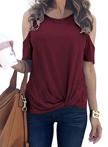 MODARANI Red Cold Shoulder Shirts for Women Knot Twist Front Blouse Casual Tunic Tops S MODARANI Red Cold Shoulder Shirts for Women Knot Twist Front Blouse Casual Tunic Tops S