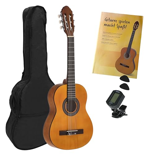 Juan Miguel Navarrez Konzertgitarre - klassische Gitarre - 1/2 honey - Naturfarben - Starter Set - inkl. Tasche, Plektren, Buch, Stimmgerät