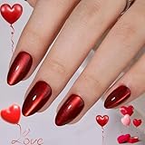 CUZIAM Red Magnet Cat Eyes Press on Nails Short Almond, Aurora Mirror Chrome Red Soft Gel Stick on Nails with Glue, 32pcs 16 Sizes Glossy Glitter Reusable Easy Salon Nail Manicure for Women Girls