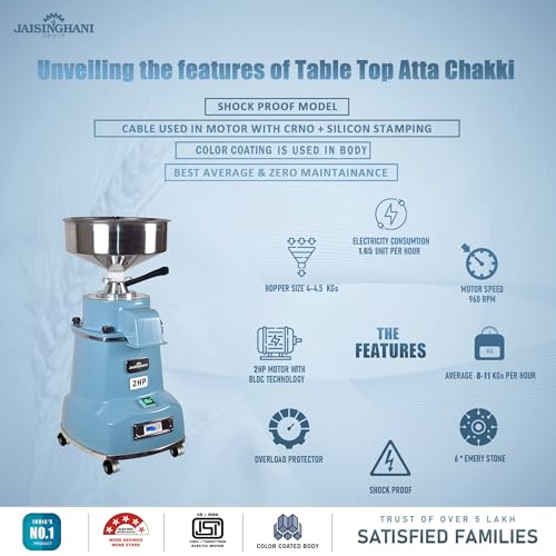 Image of Jaisinghani Group Atta Chakki 2 HP | Table Top Stone Flour Mill for Home Use | Aluminium Body Grain Grinder for Wheat, Rice, Millets, and Pulses| 8-11 Kg /Hour Grinding Capacity
