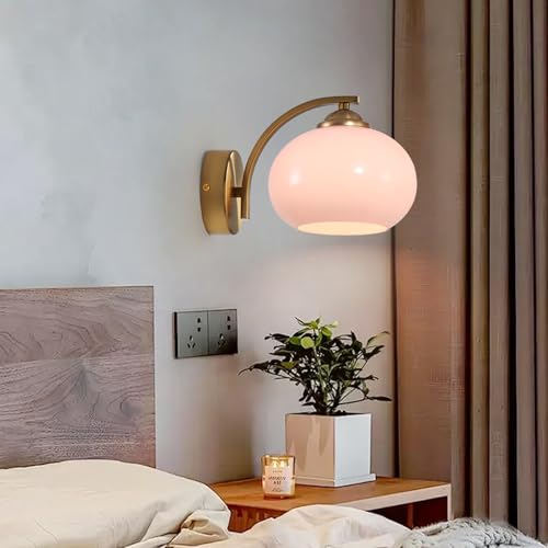 Image of Mid Century Modern Wall Sconce Light Fixture Pink Glass Wall Sconce Lamp Brass Gold Wall Lighting Hardwired Globe Wall Lamp Vintage Bathroom Vanity Light Fixtures
